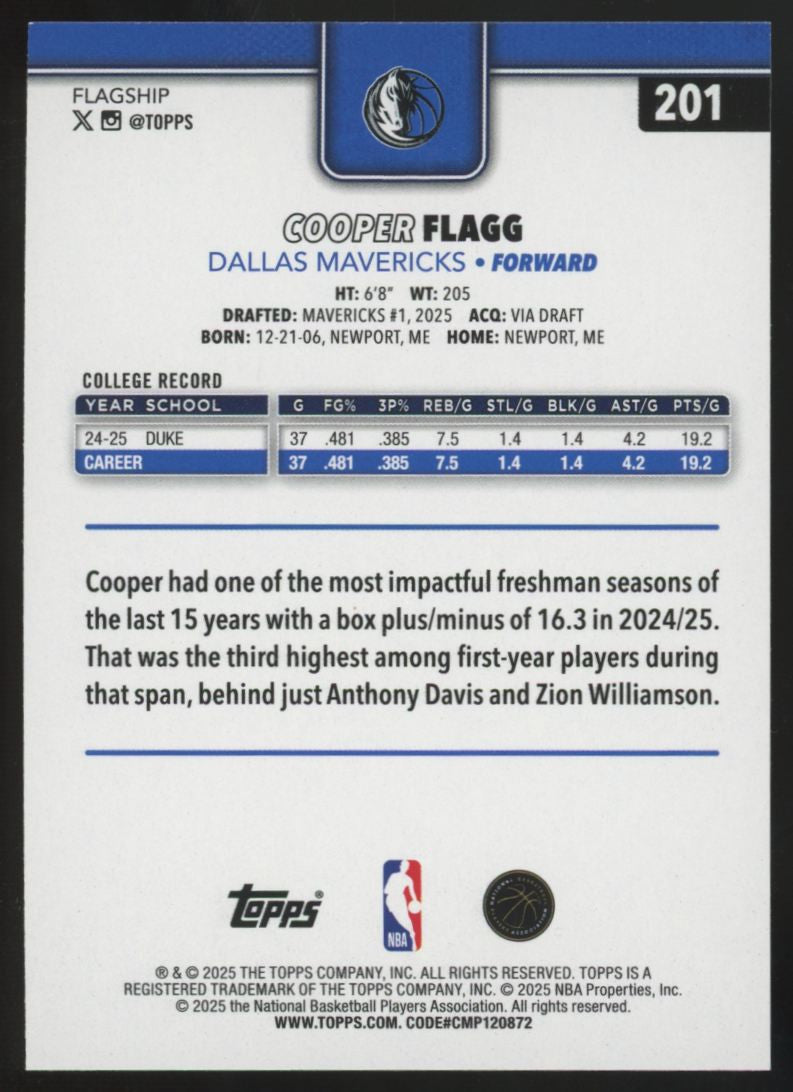 2025-26 Topps Cooper Flagg RC Holo Foil #201