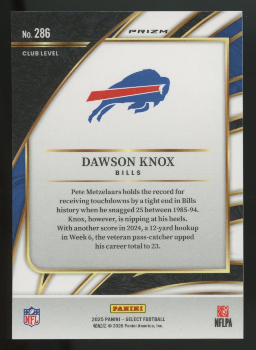 2025 Panini Select Dawson Knox Club Level Zebra Shock Prizm SSP #286