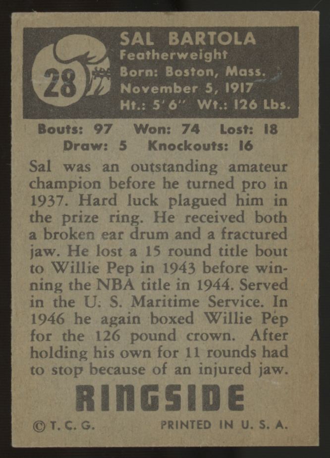 1951 Topps Ringside Sal Bartolo #28 VG-EX