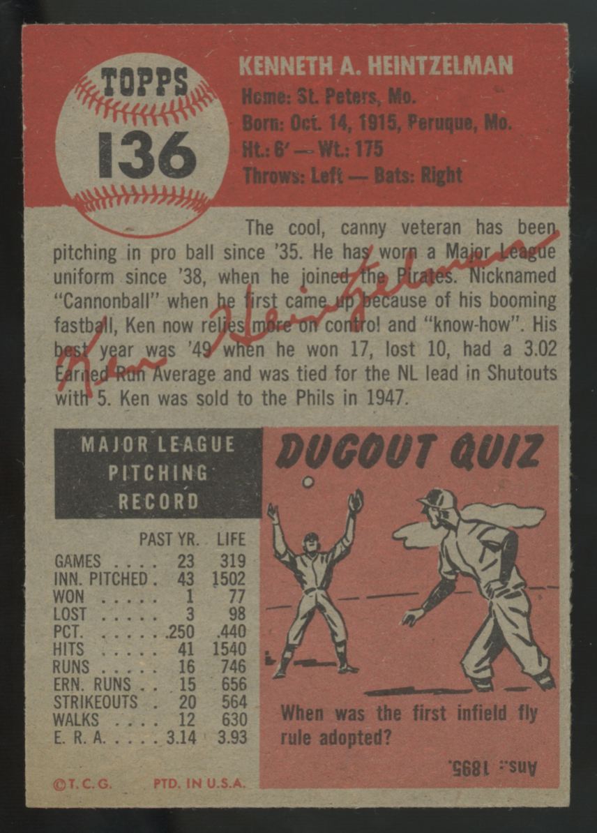 1953 Topps Ken Heintzelman #136 EX