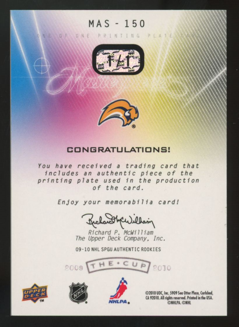 2009-10 UD The Cup Jhonas Enroth RC Masterpiece Yellow Printing Plate 1/1