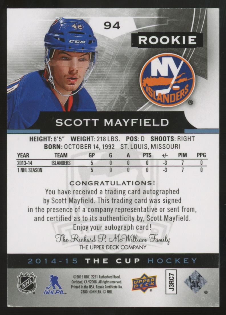 2014-15 Upper Deck The Cup Scott Mayfield RC Auto /249 #94