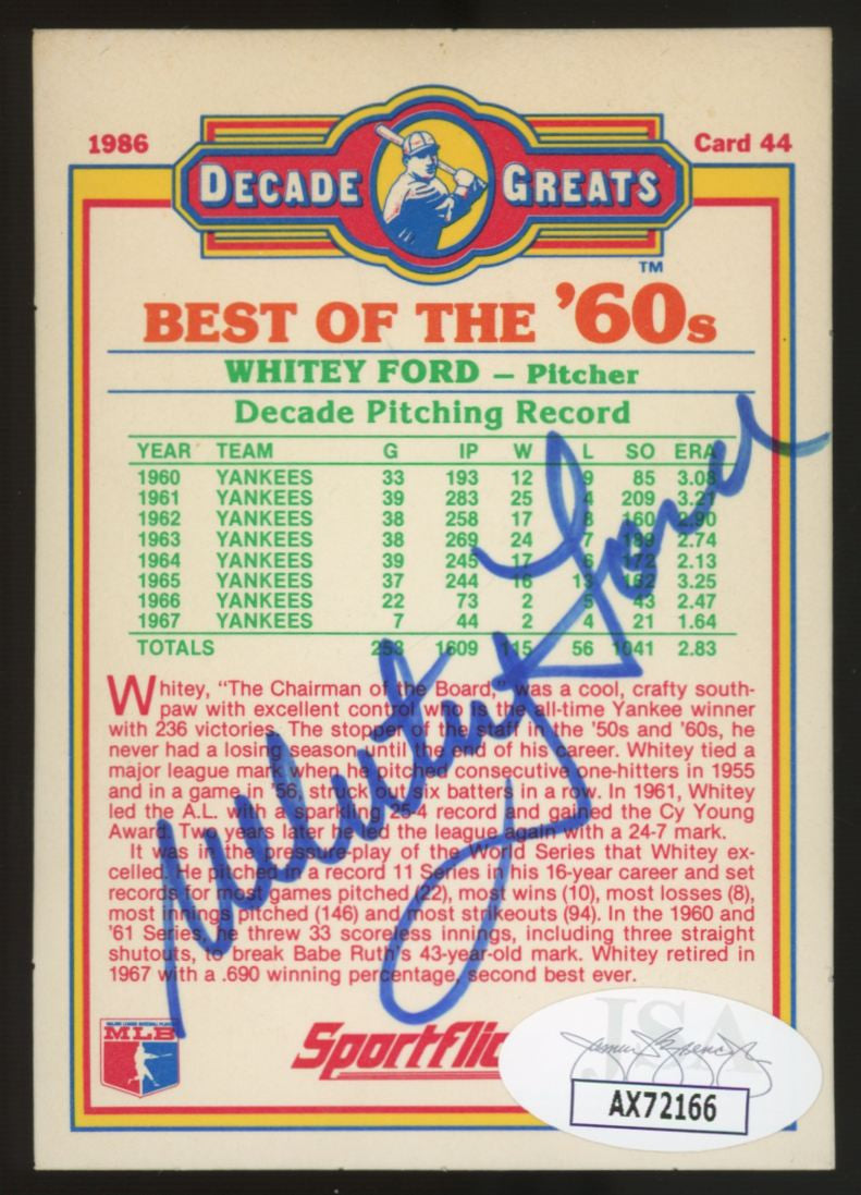 1986 Sportflics Baseball Whitey Ford #44 Signed(3x) Autographed Card JSA