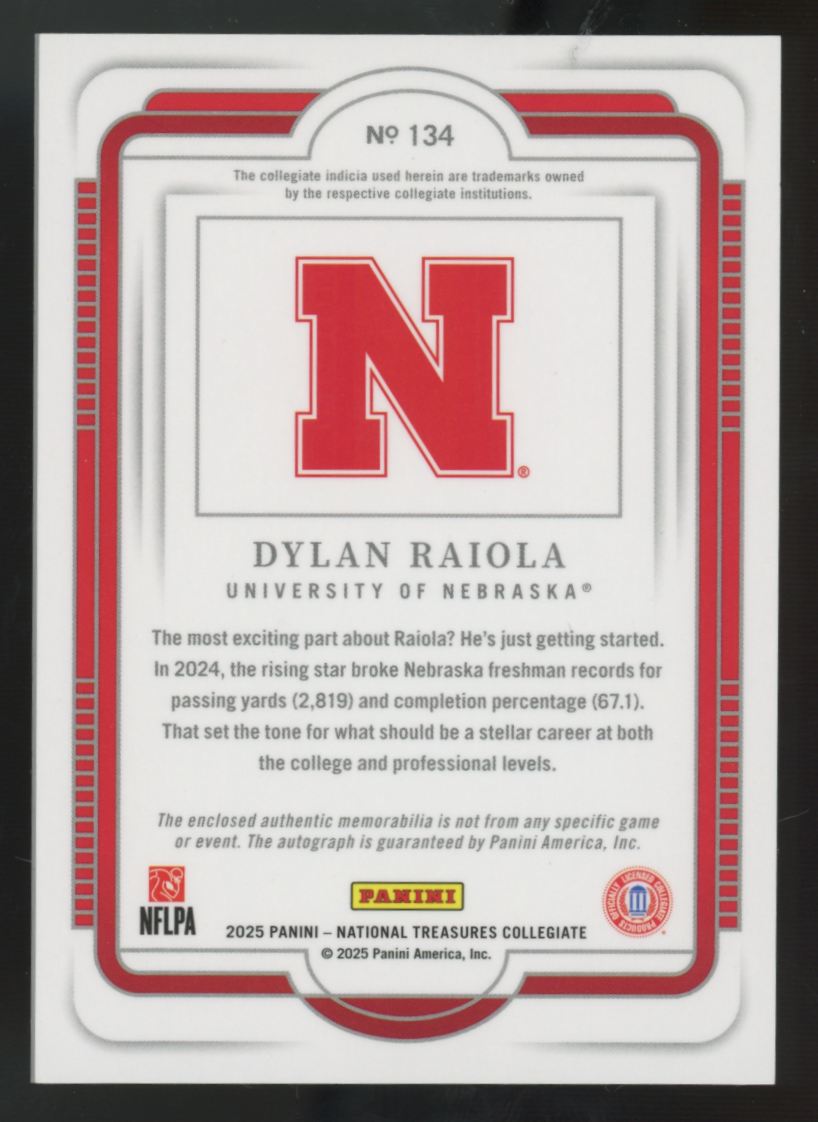 2025 National Treasures Dylan Raiola Blue Rated Prospect Patch Auto /49 #134