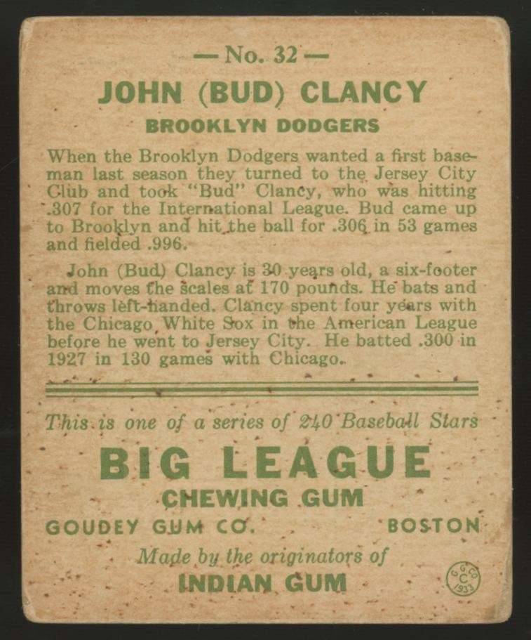 1933 Goudey John "Bud" Clancy #32 Good