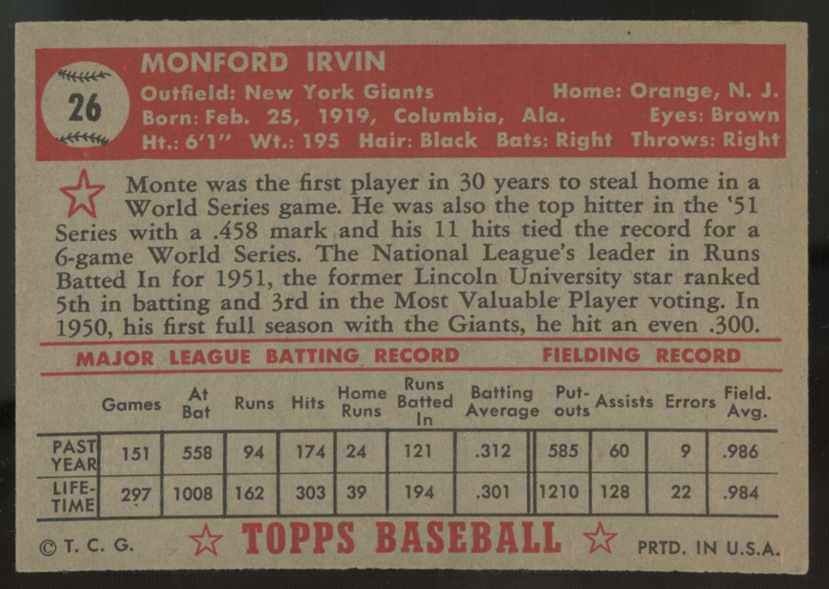 1952 Topps Monte Irvin Red Back #26 EX-MT