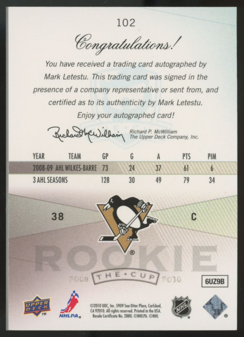 2009-10 Upper Deck The Cup Mark Letestu RC Auto /199 #102