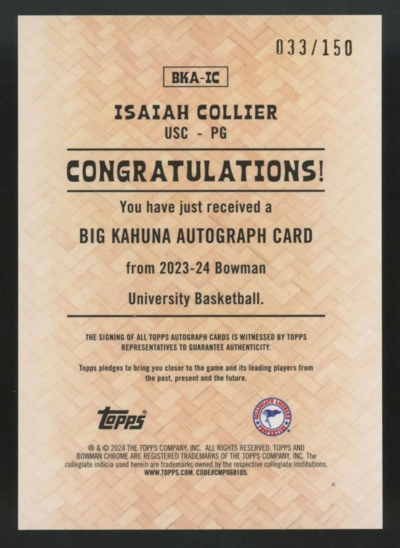 2023-24 Bowman Chrome U Isaiah Collier Silver Big Kahuna Auto /150 #BKA-IC
