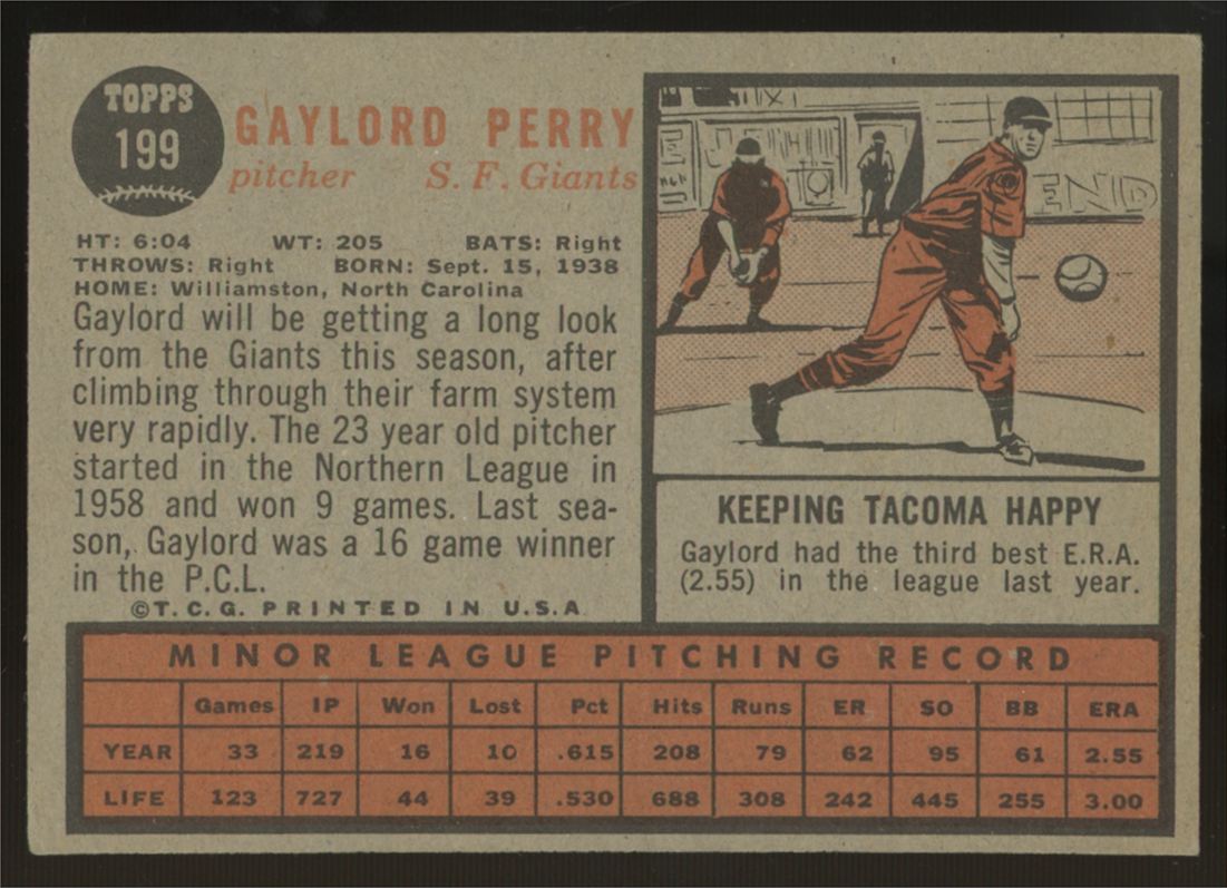 1962 Topps Gaylord Perry RC #199 VG/EX "A"