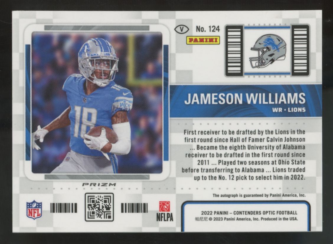 2022 Panini Contenders Optic Jameson Williams RC Silver Rookie Ticket Auto #124