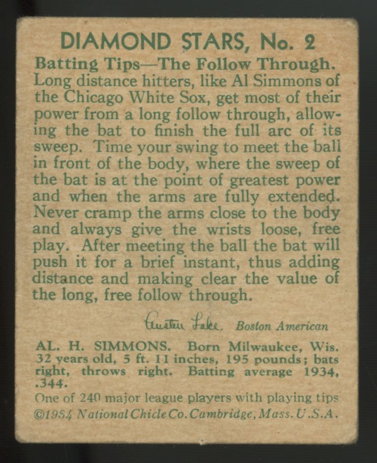 1934 National Chicle Al Simmons Diamond Stars #2 Poor (Pinhole)