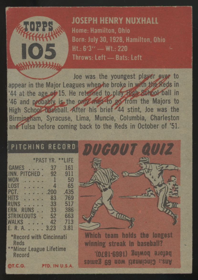 1953 Topps Joe Nuxhall #105 VG