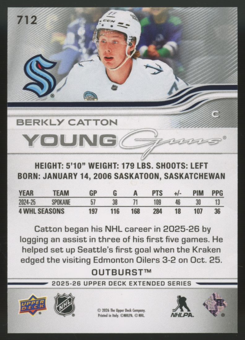 2025-26 UD Extended Series Berkly Catton RC Silver Outburst Young Guns #712