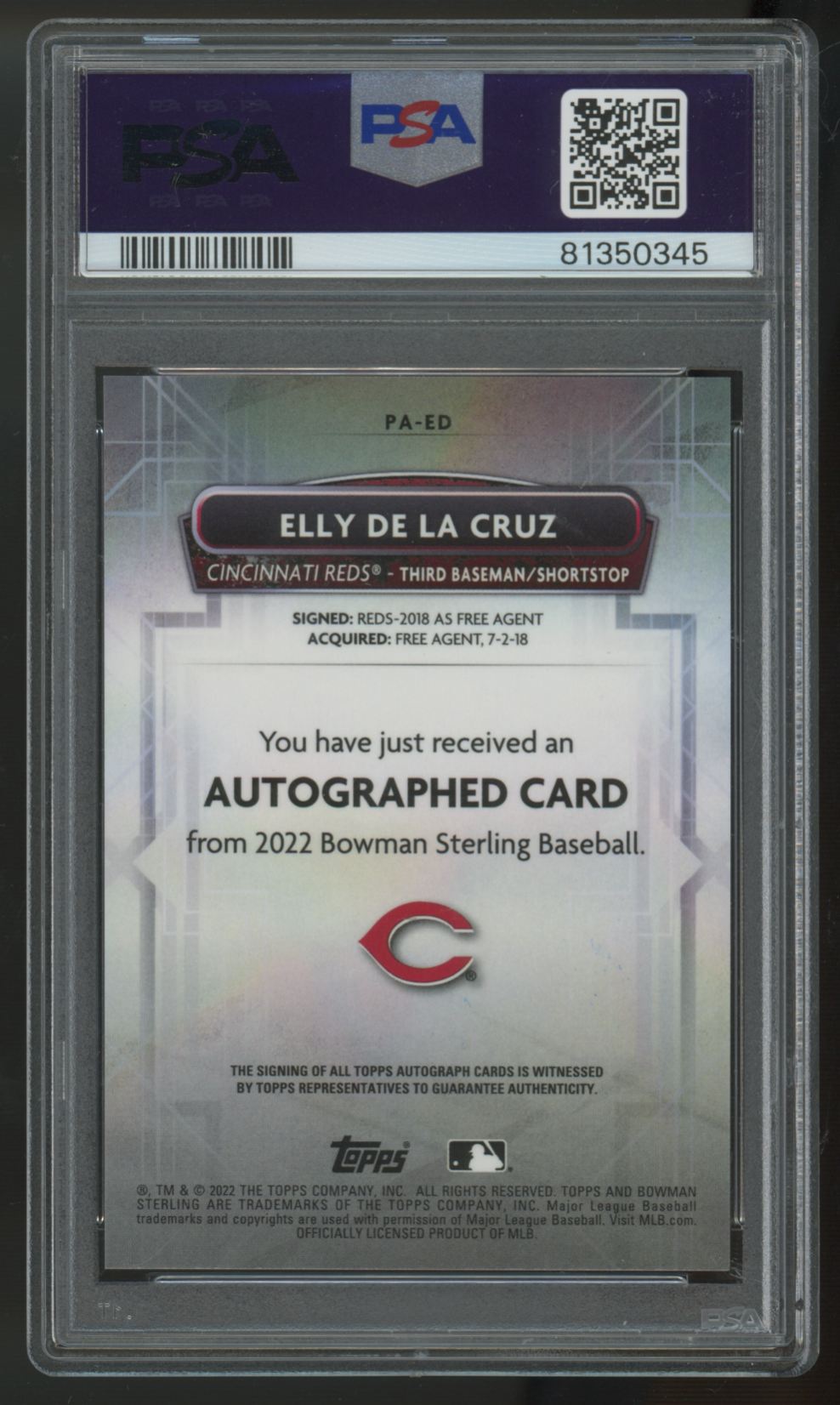 2022 Bowman Sterling Elly De La Cruz Prospect Auto #PA-ED PSA Auto 10