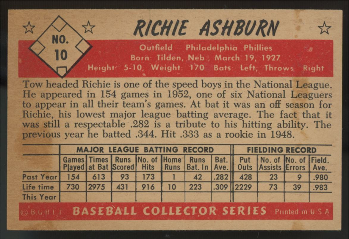 1953 Bowman Color Richie Ashburn #10 EX+