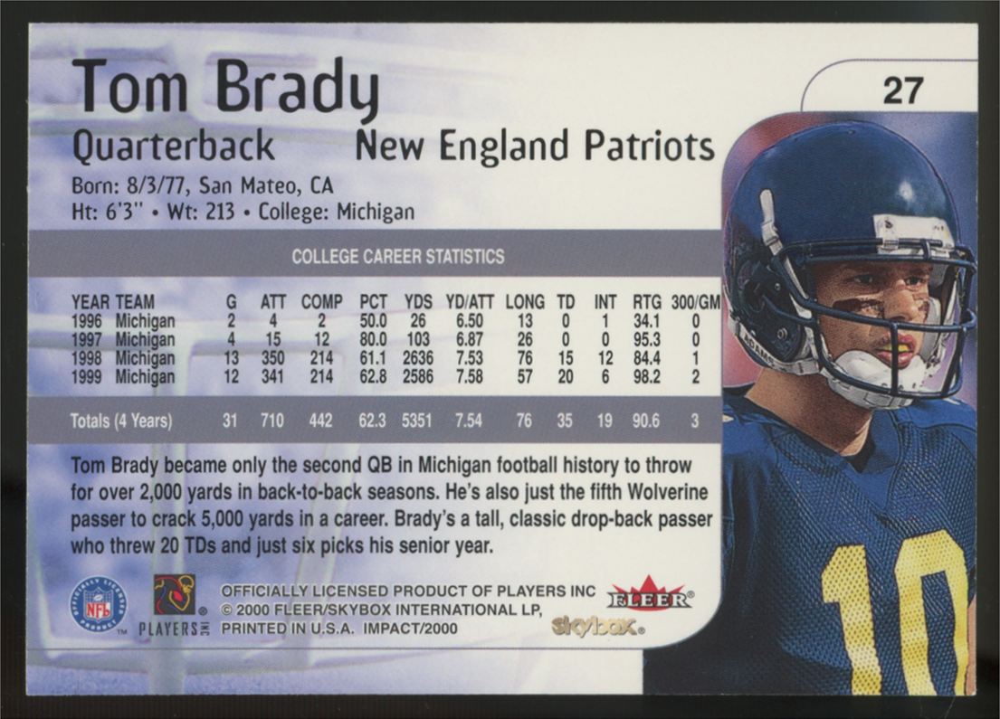 2000 Fleer SkyBox Impact Tom Brady RC Rookies #27