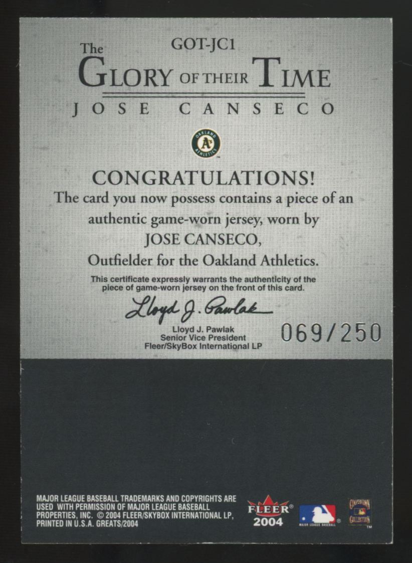 2004 Fleer Greats Jose Canseco Glory Of Their Time Patch /250 #GOT-JC1