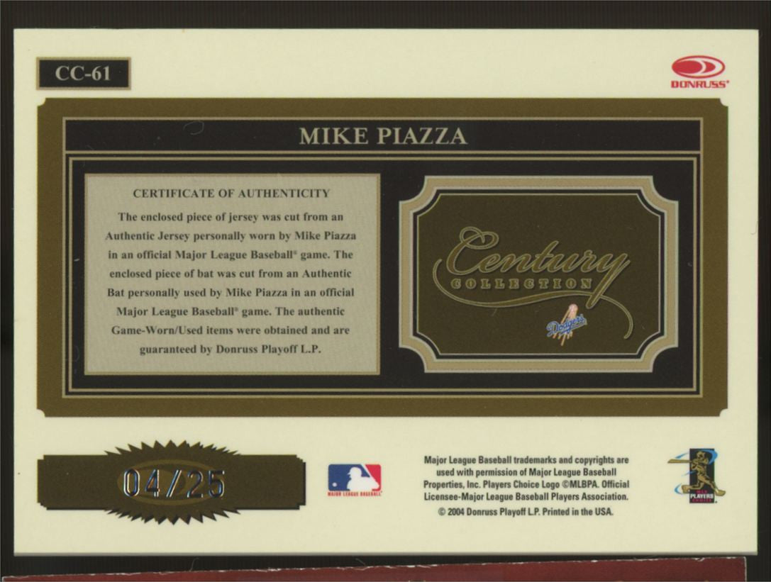 2004 Donruss Baseball Mike Piazza Century Collection Dual Relic /25 #CC-61