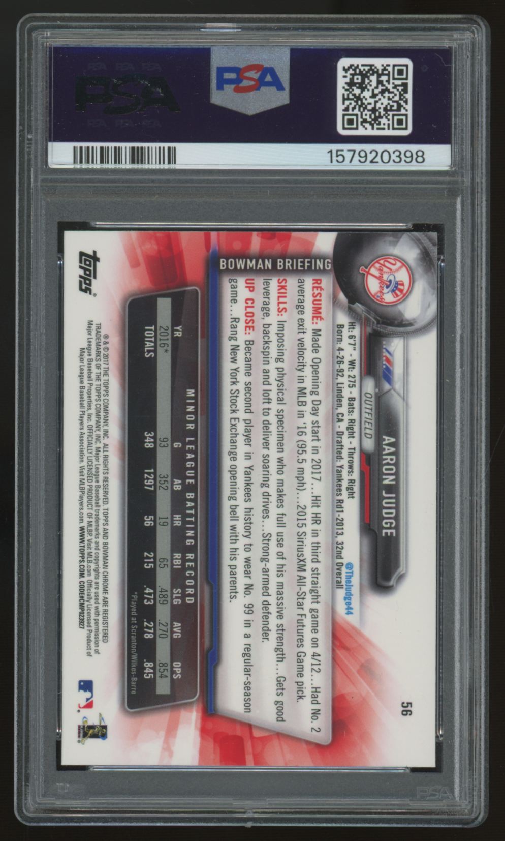 2017 Bowman Chrome Aaron Judge RC Batting #56 PSA 10 *398