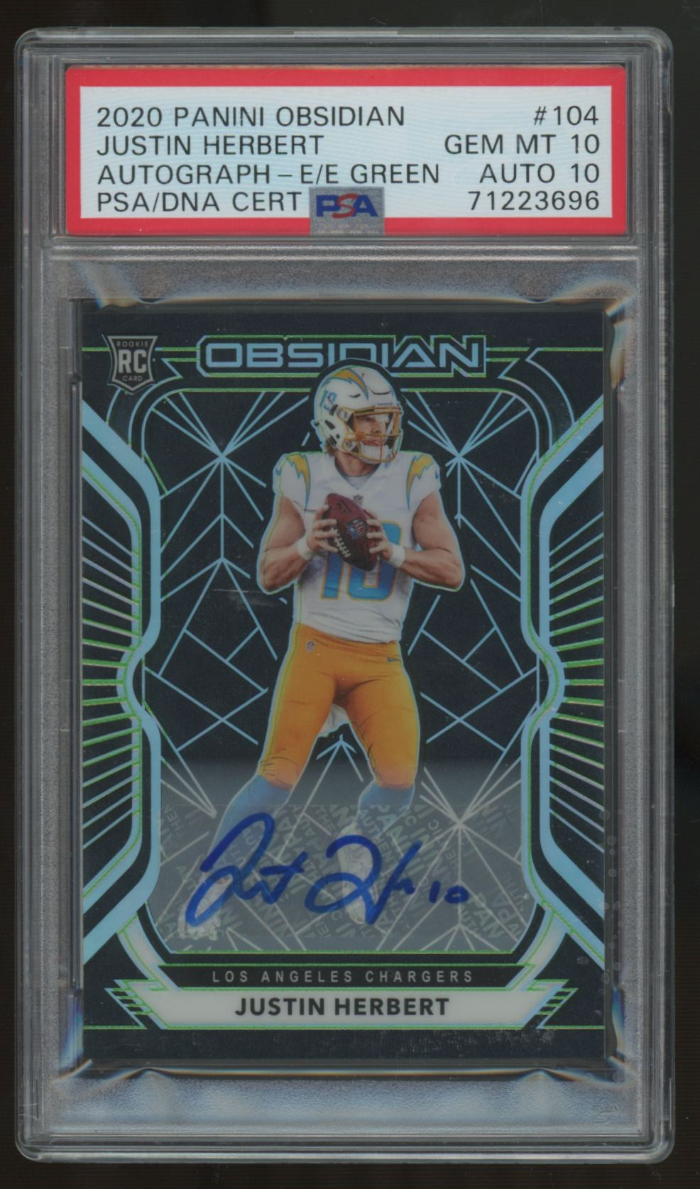 2020 Panini Obsidian Justin Herbert RC Electric Etch Auto Green /50 PSA 10 10