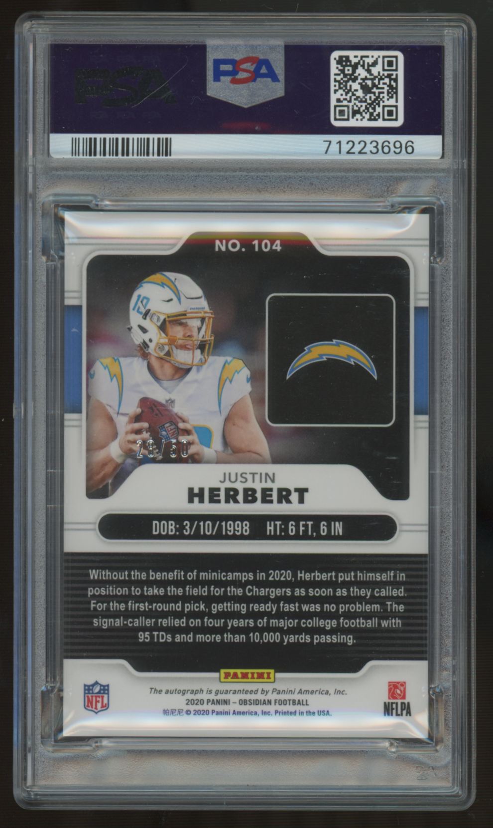 2020 Panini Obsidian Justin Herbert RC Electric Etch Auto Green /50 PSA 10 10