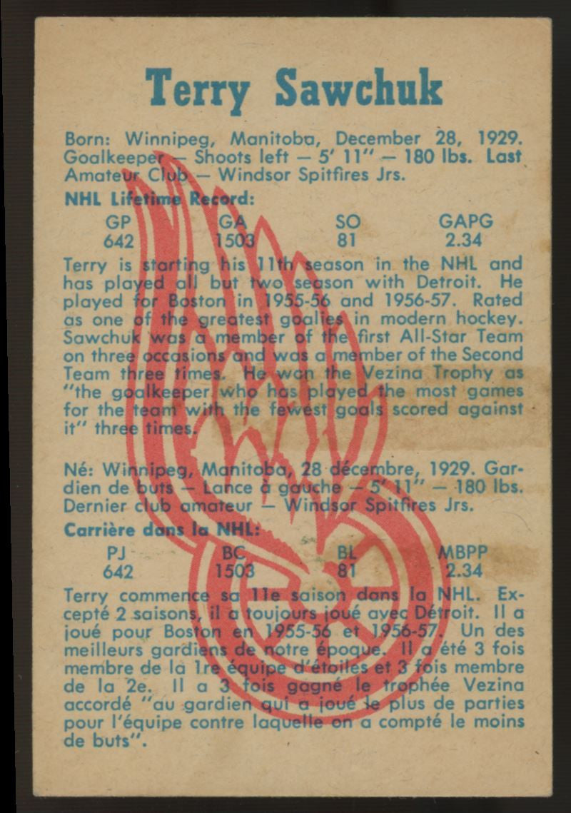 1960-61 Parkhurst Terry Sawchuk #31 VG/EX (Back)