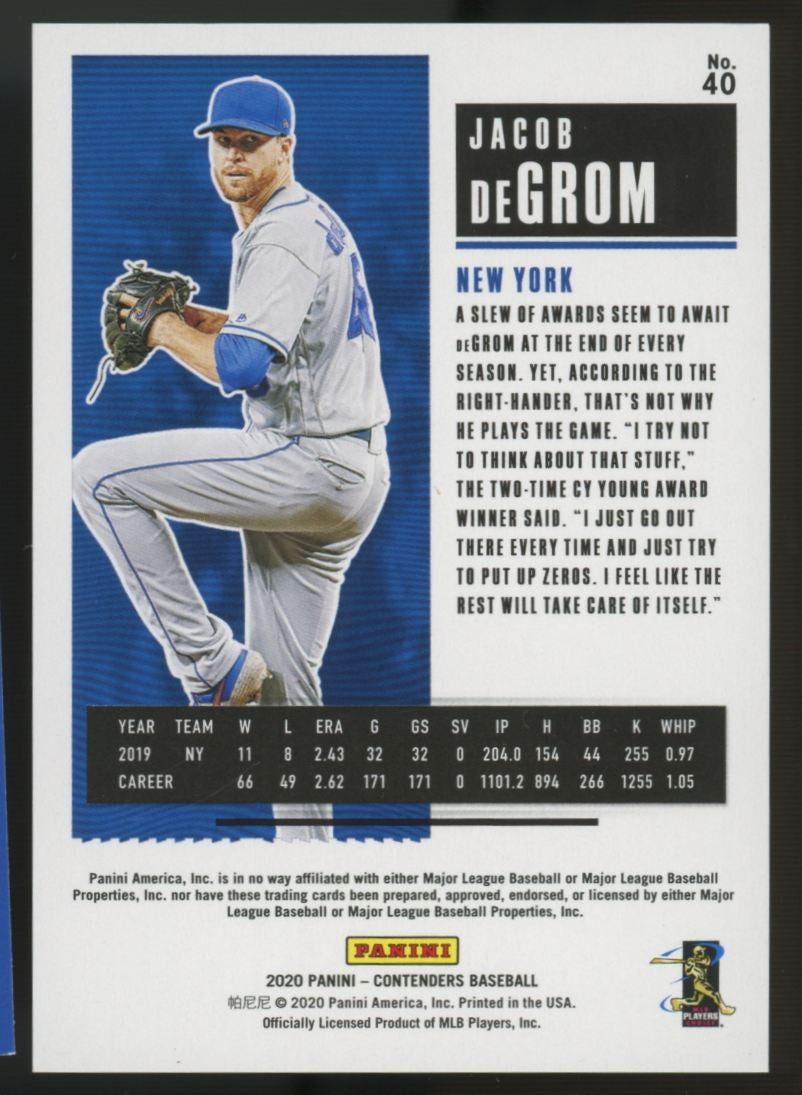 2020 Panini Contenders Baseball Jacob deGrom Season Ticket /10 #40