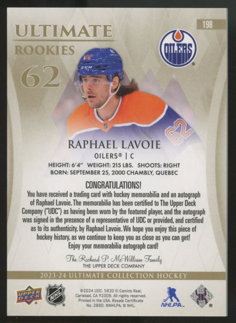 2023/24 UD Ultimate Collection Raphael Lavoie RC Patch Auto RPA /99 #198