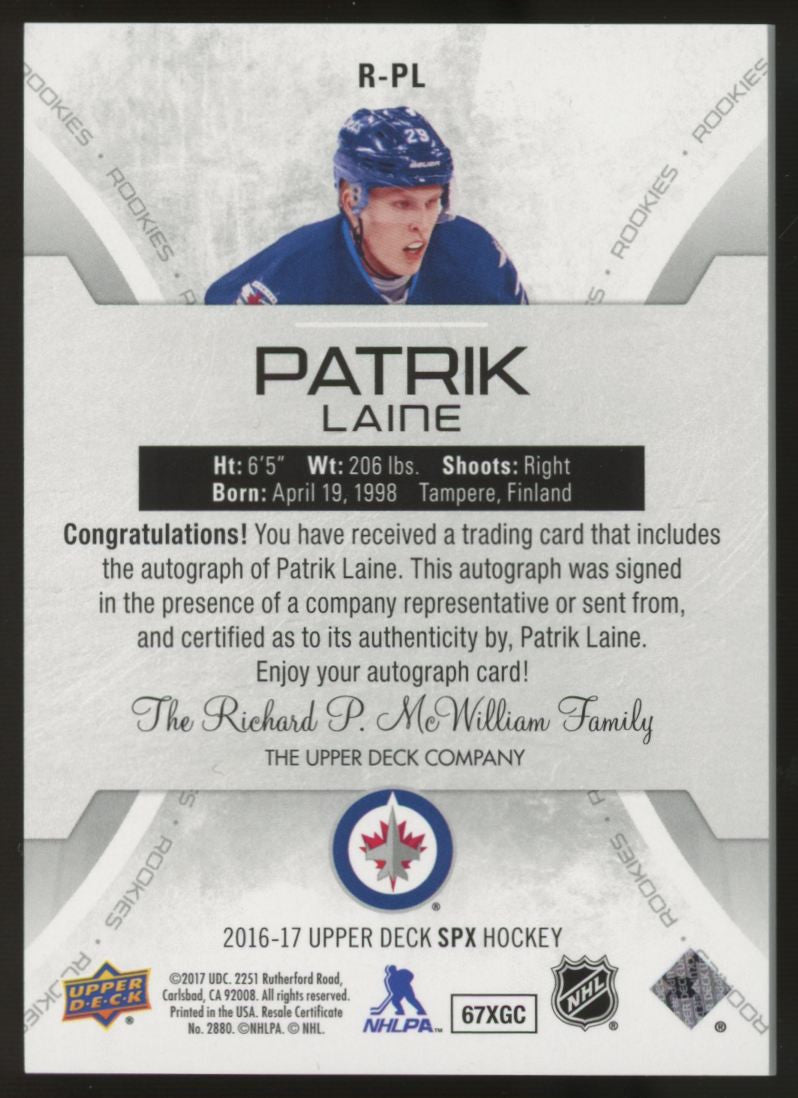 2016/17 UD SPx Patrik Laine RC Auto Blue /65 #R-PL