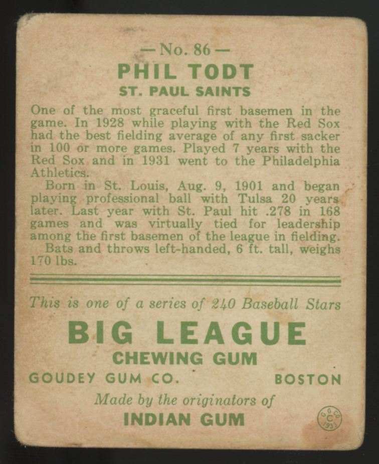 1933 Goudey Phil Todt #86 Poor
