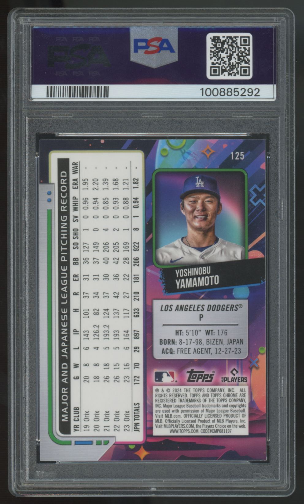 2024 Topps Chrome Cosmic Yoshinobu Yamamoto RC Blue Moon /99 #125 PSA 10