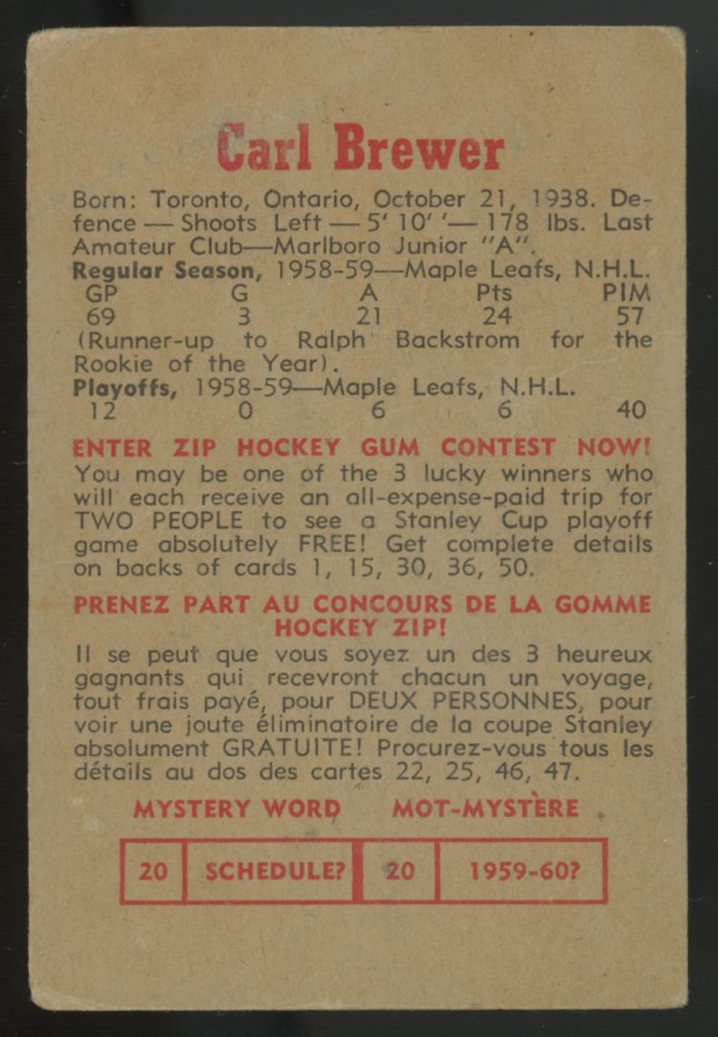 1959-60 Parkhurst Carl Brewer RC #3 Poor