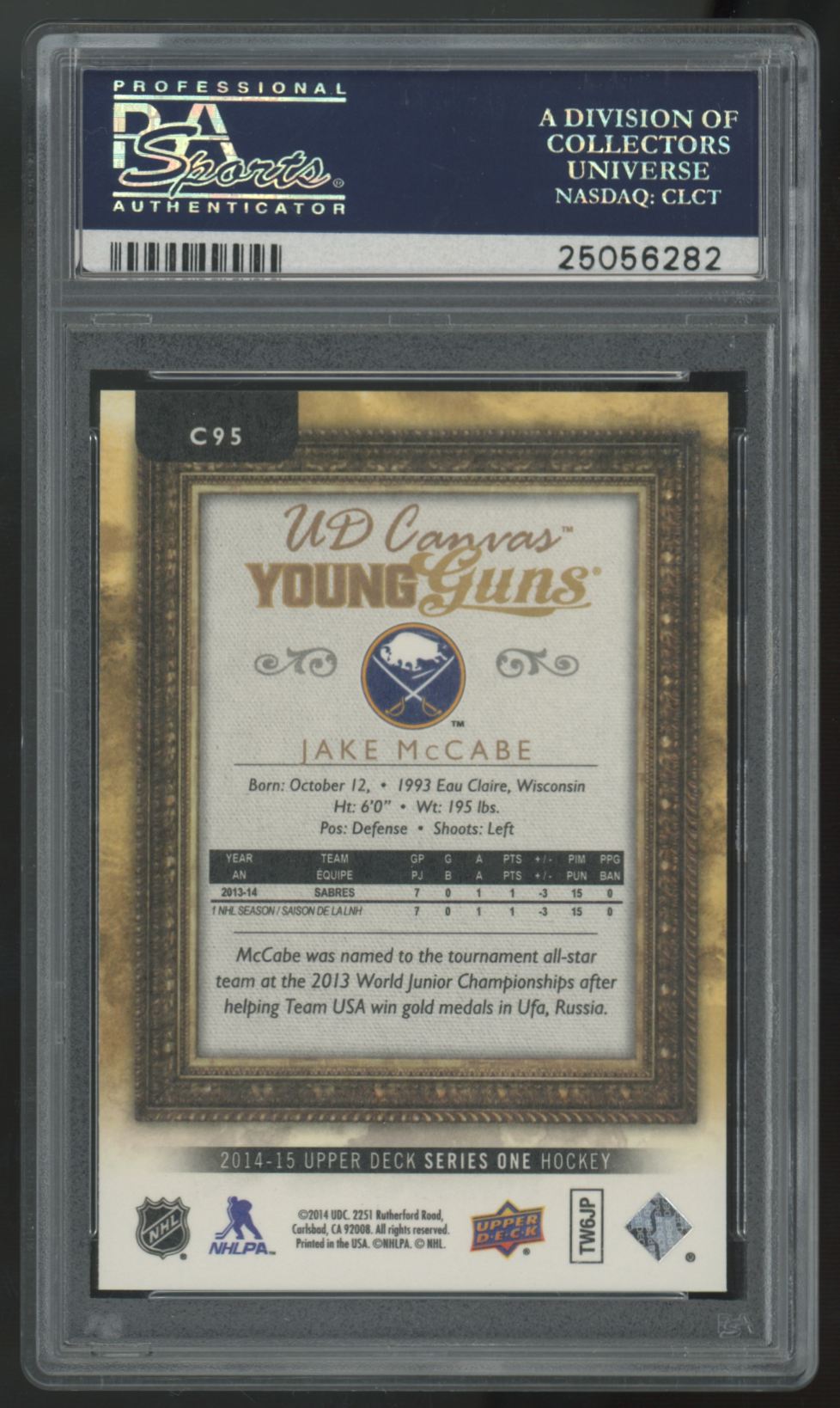 2014-15 Upper Deck Series One Jake McCabe RC Young Guns Canvas #C95 PSA 10