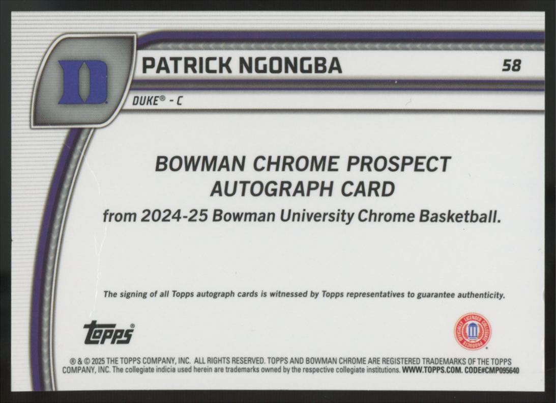 2024-25 Bowman Chrome U Patrick Ngongba 1st Black & White Stealth Auto /48 #58