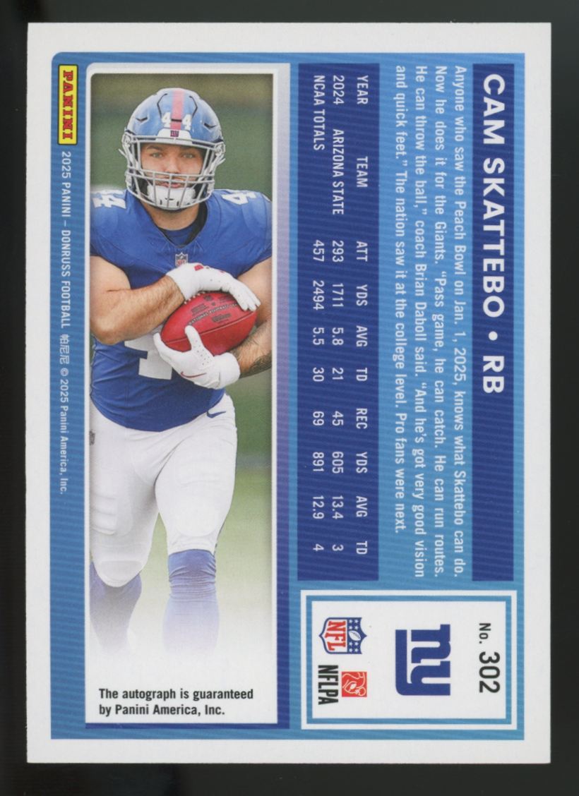 2025 Donruss Optic Cam Skattebo RC Purple Rated Rookie Auto /150 #302