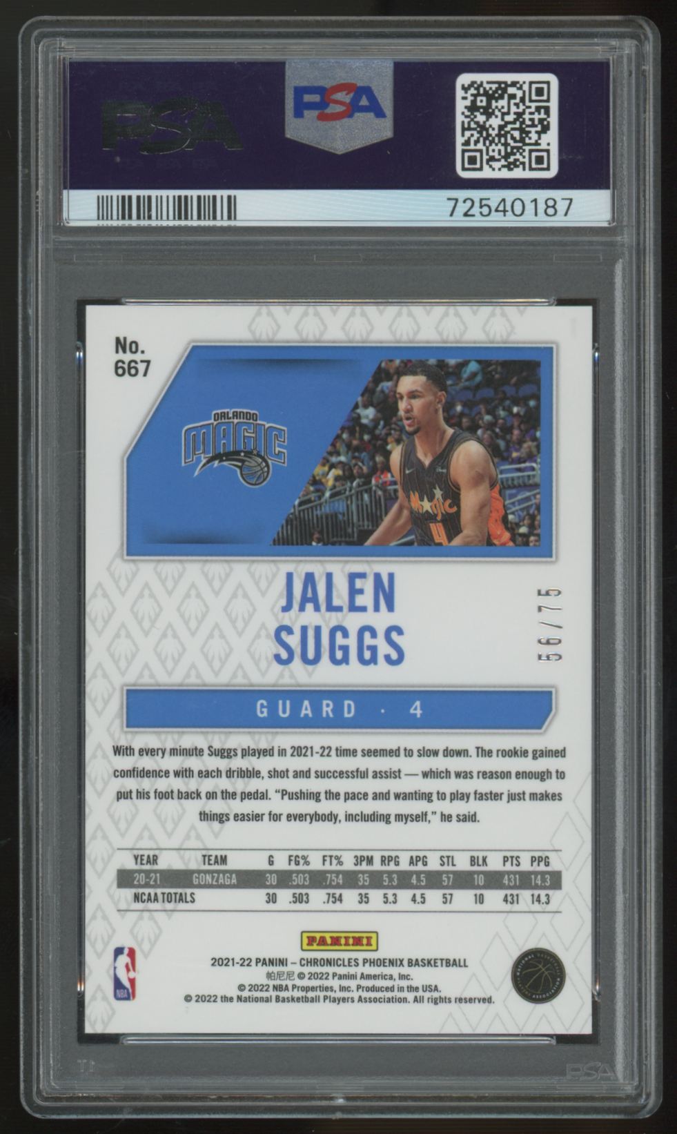 2021-22 Panini Chronicles Jalen Suggs RC 75th Anniversary /75 #667 PSA 10