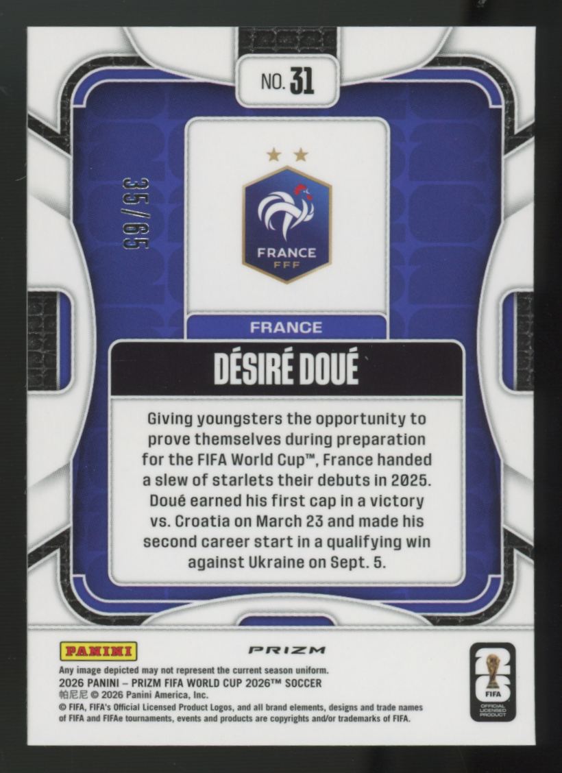 2026 Panini Prizm FIFA World Cup Desire Doue Fuchsia Wave /65 #31