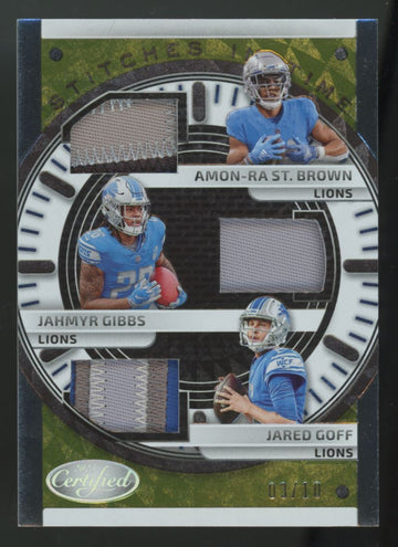 2023 Certified St. Brown/Gibbs/Goff Stitches In Time Gold Etch Triple Patch /10