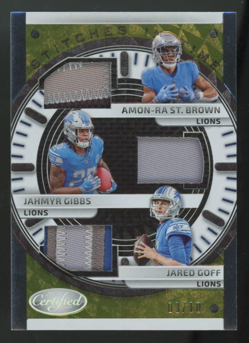 2023 Certified St. Brown/Gibbs/Goff Stitches In Time Gold Etch Triple Patch /10