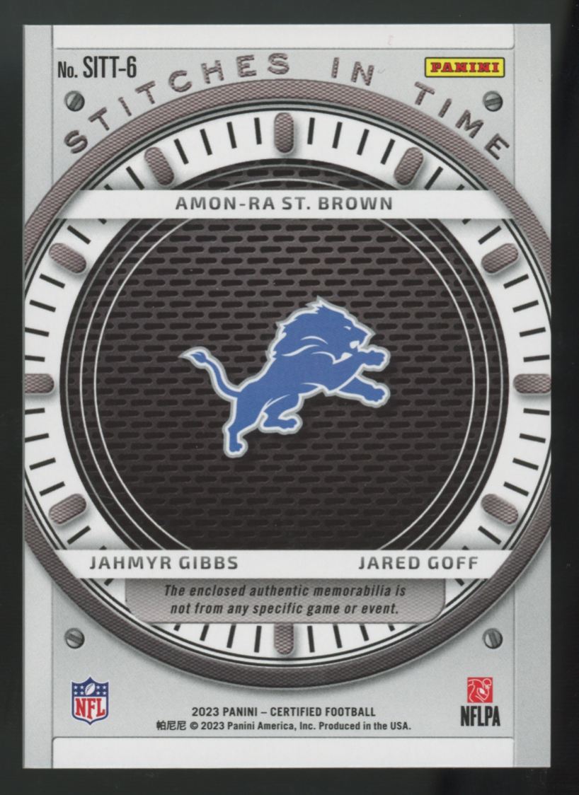 2023 Certified St. Brown/Gibbs/Goff Stitches In Time Gold Etch Triple Patch /10