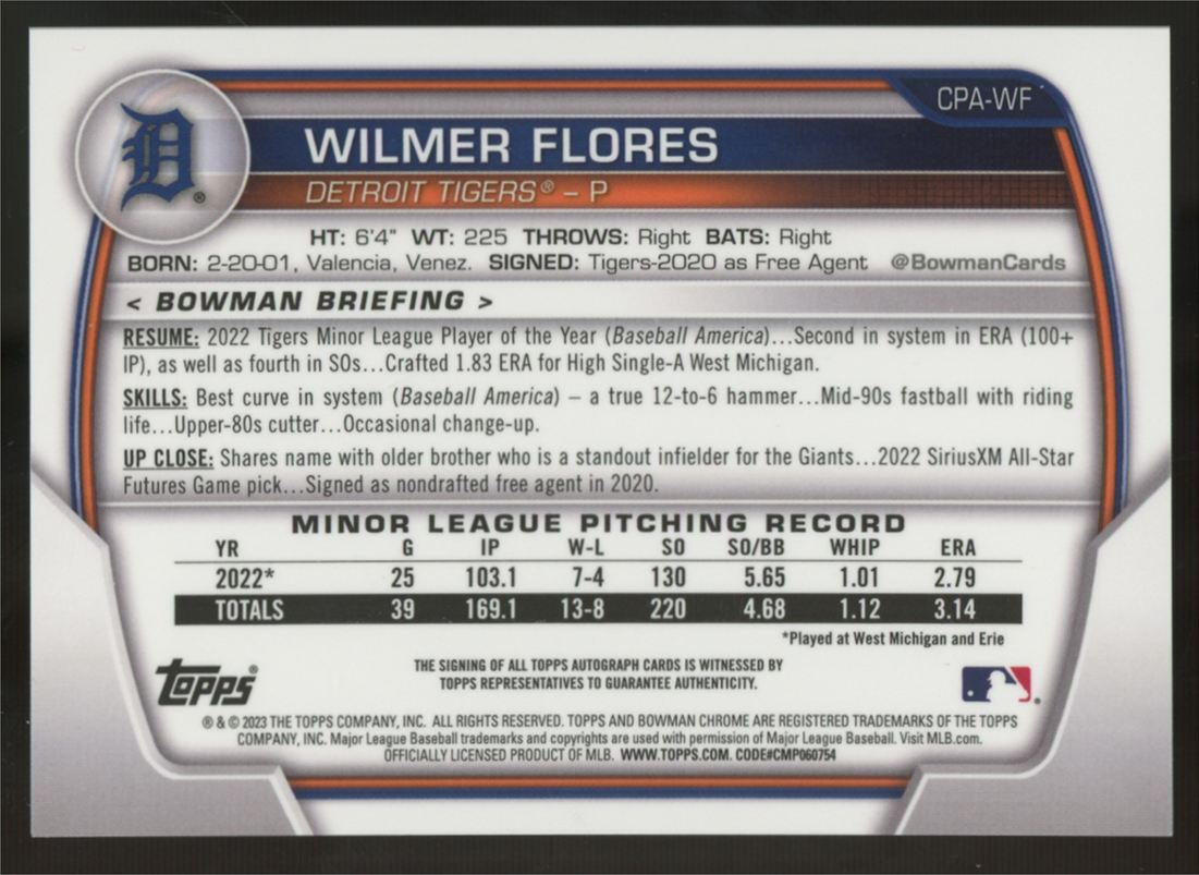 2023 Bowman Chrome Wilmer Flores 1st Prospect Purple Auto /250 #CPA-WF