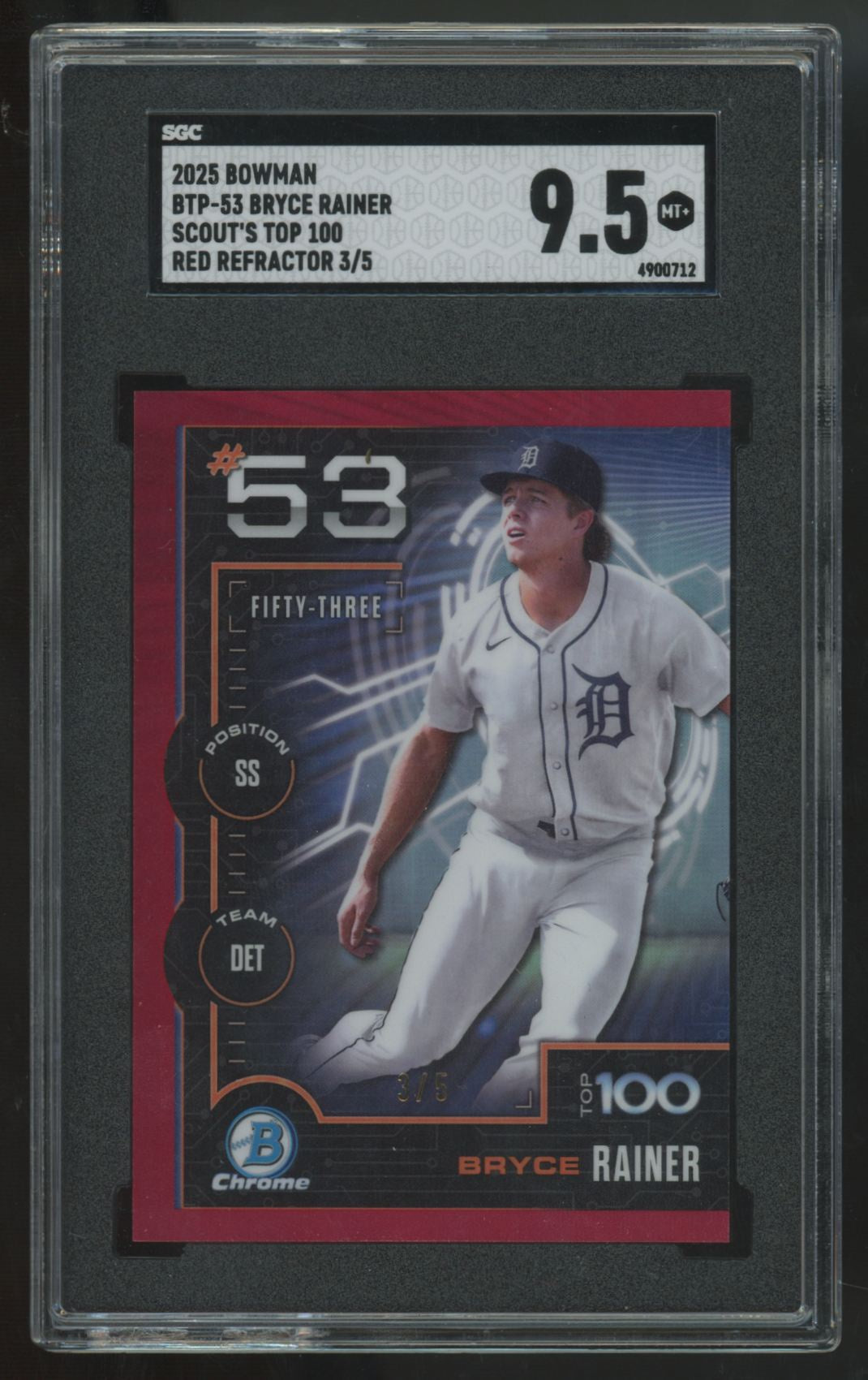 2025 Bowman Chrome Bryce Rainer Scout's Top 100 Red /5 #BTP-53 SGC 9.5