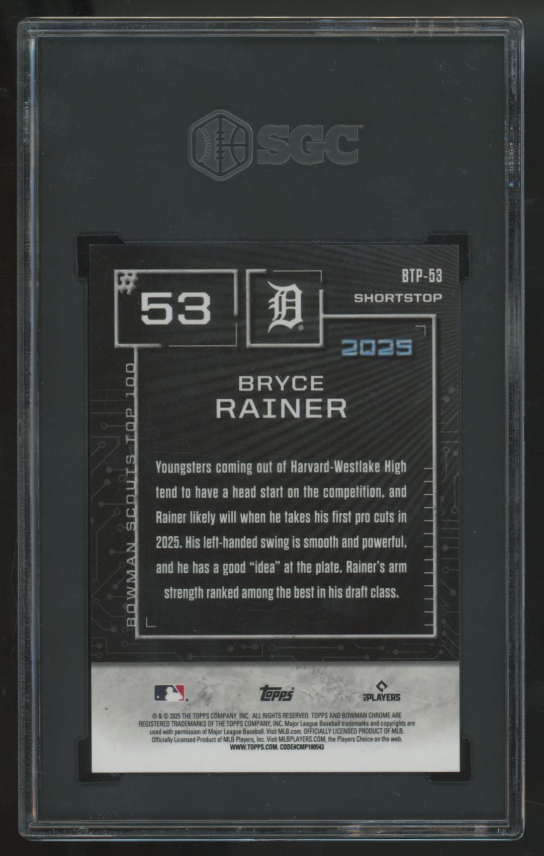 2025 Bowman Chrome Bryce Rainer Scout's Top 100 Red /5 #BTP-53 SGC 9.5