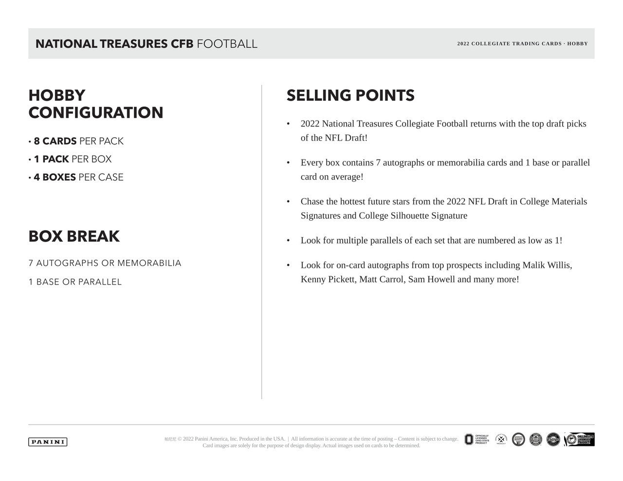 2022 Panini National Treasures College Football Box