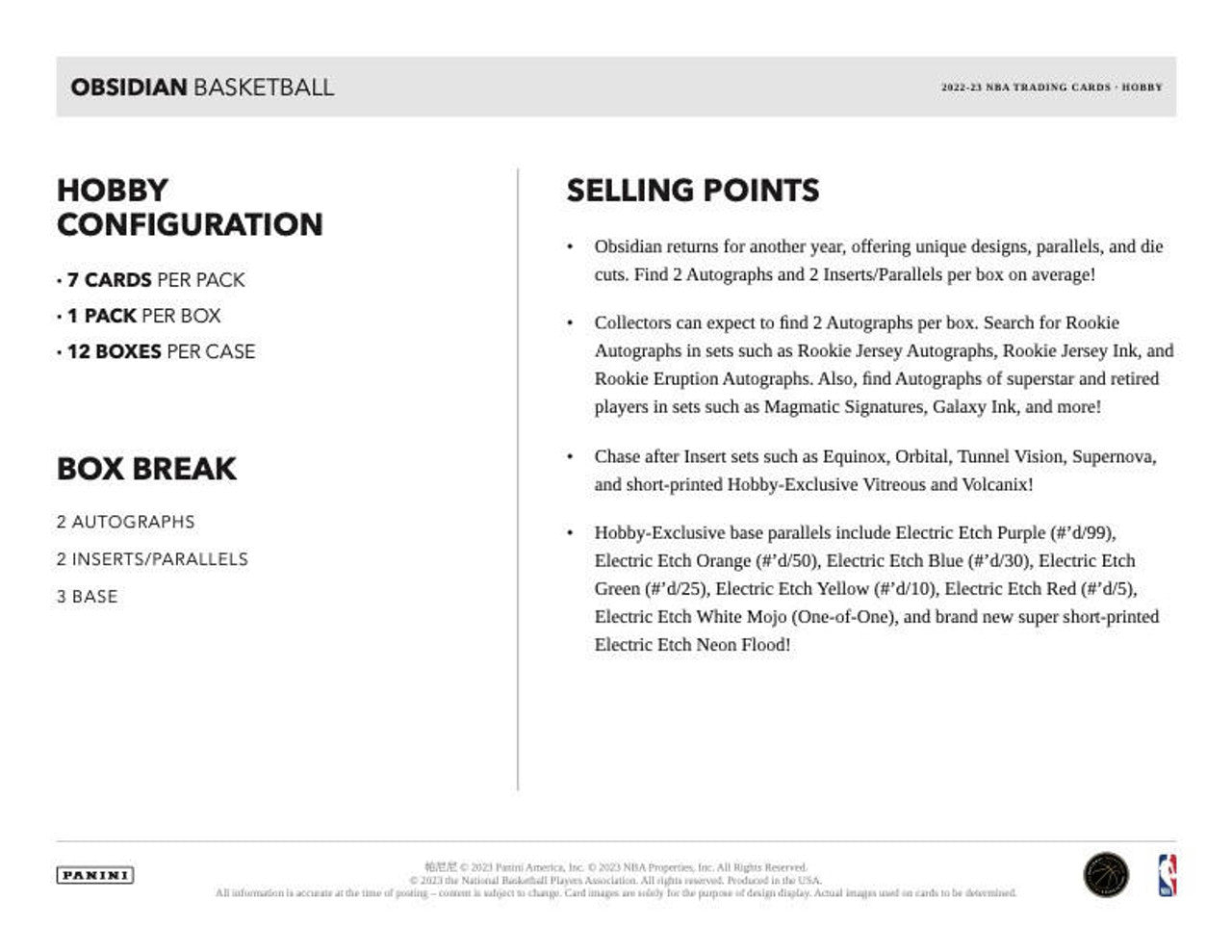 2022/23 Panini Obsidian Basketball Hobby Box