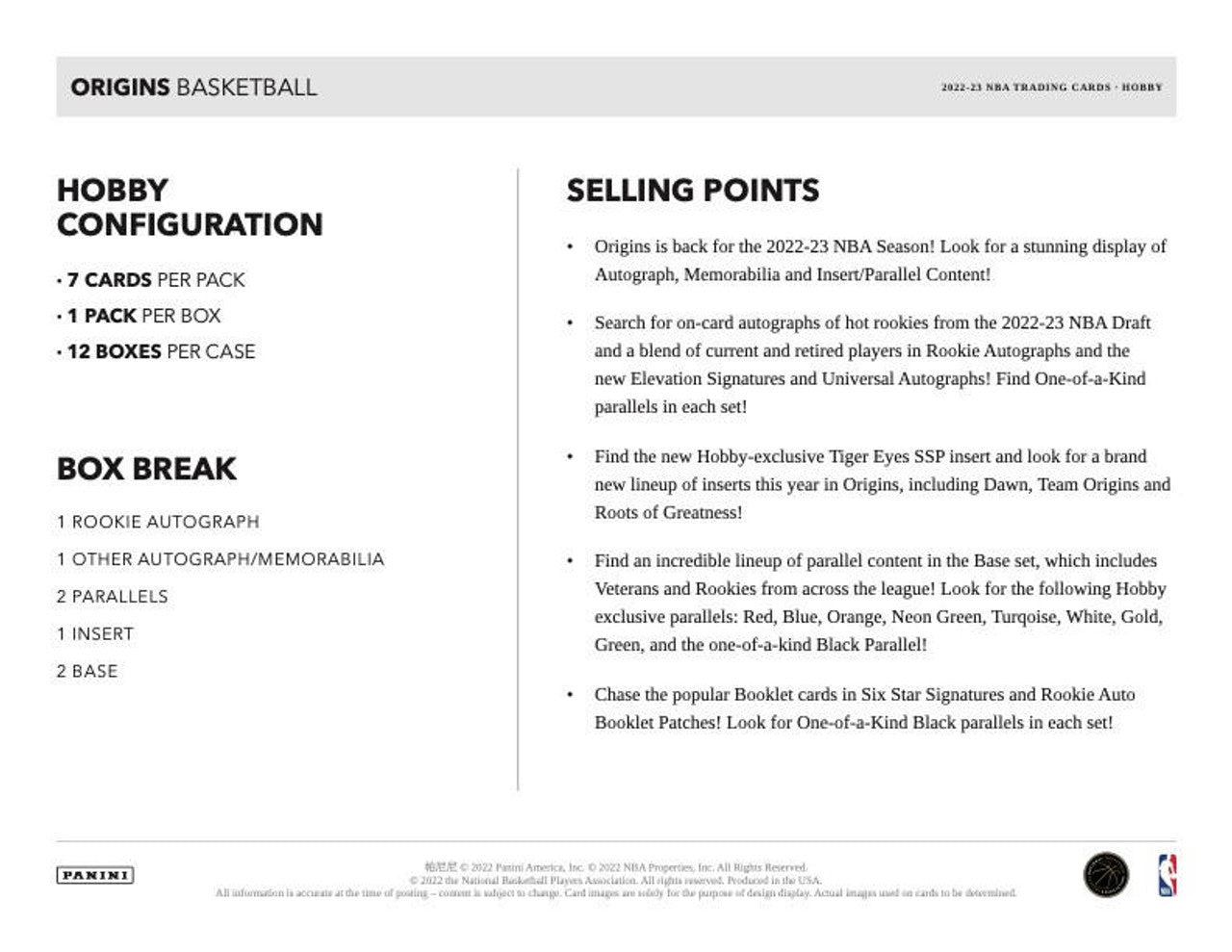 2022/23 Panini Origins Basketball Hobby Box