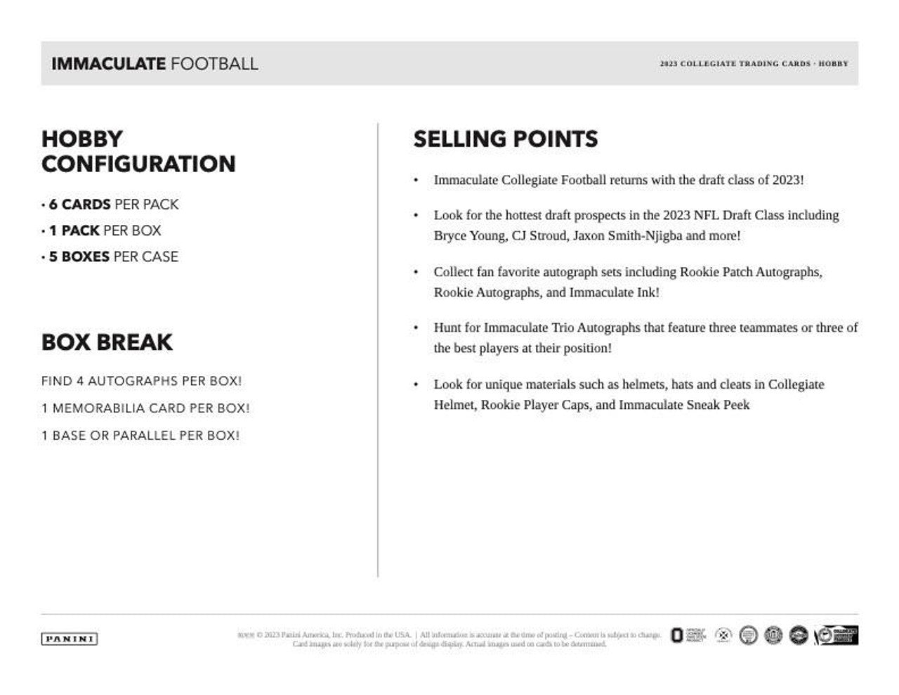 2023 Panini Immaculate Collection Collegiate Football Hobby Box