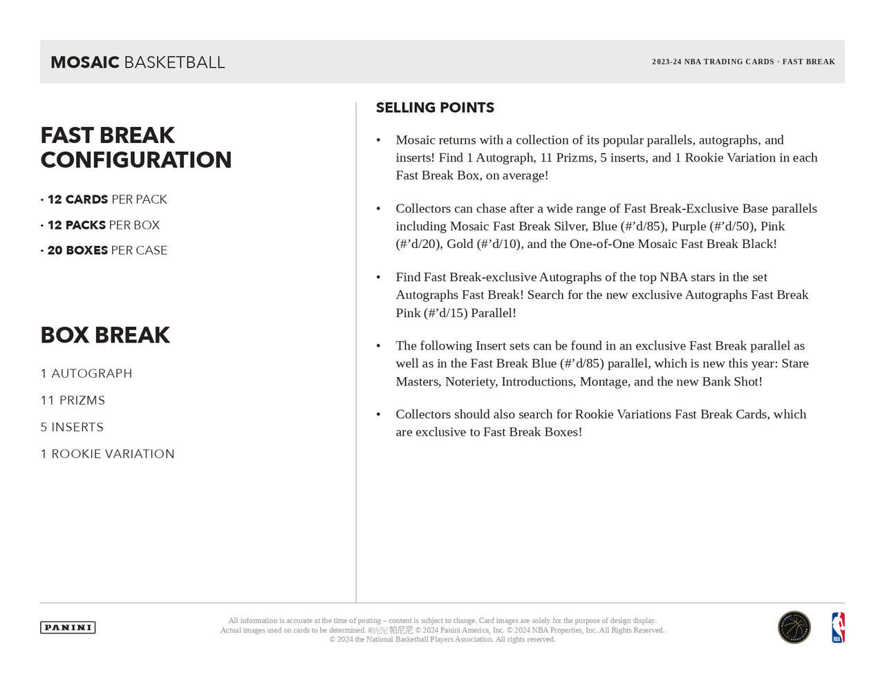 2023/24 Panini Mosaic Basketball Fast Break Box
