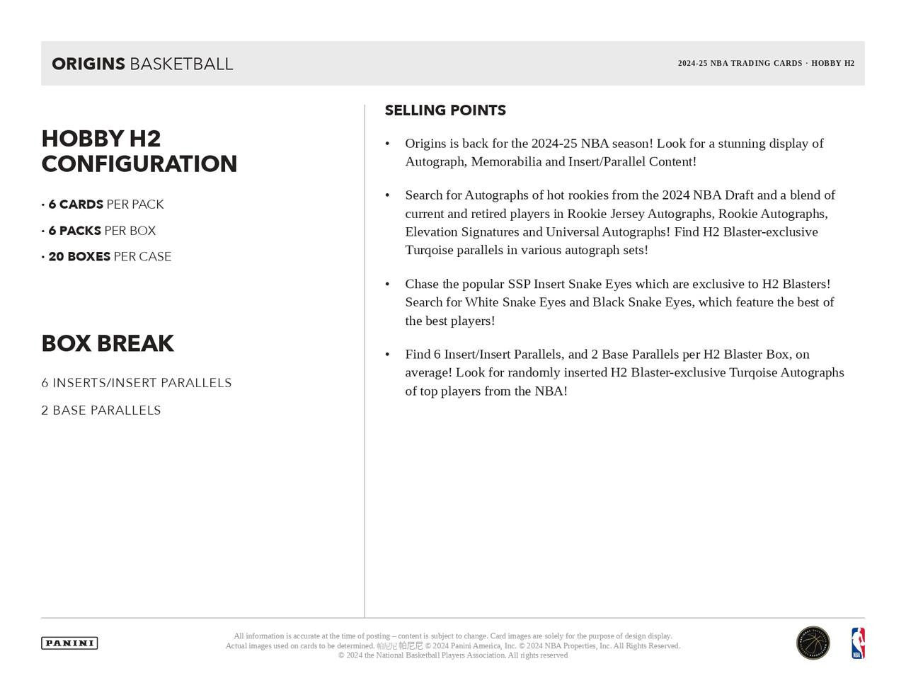 2024/25 Panini Origins H2 Basketball Box