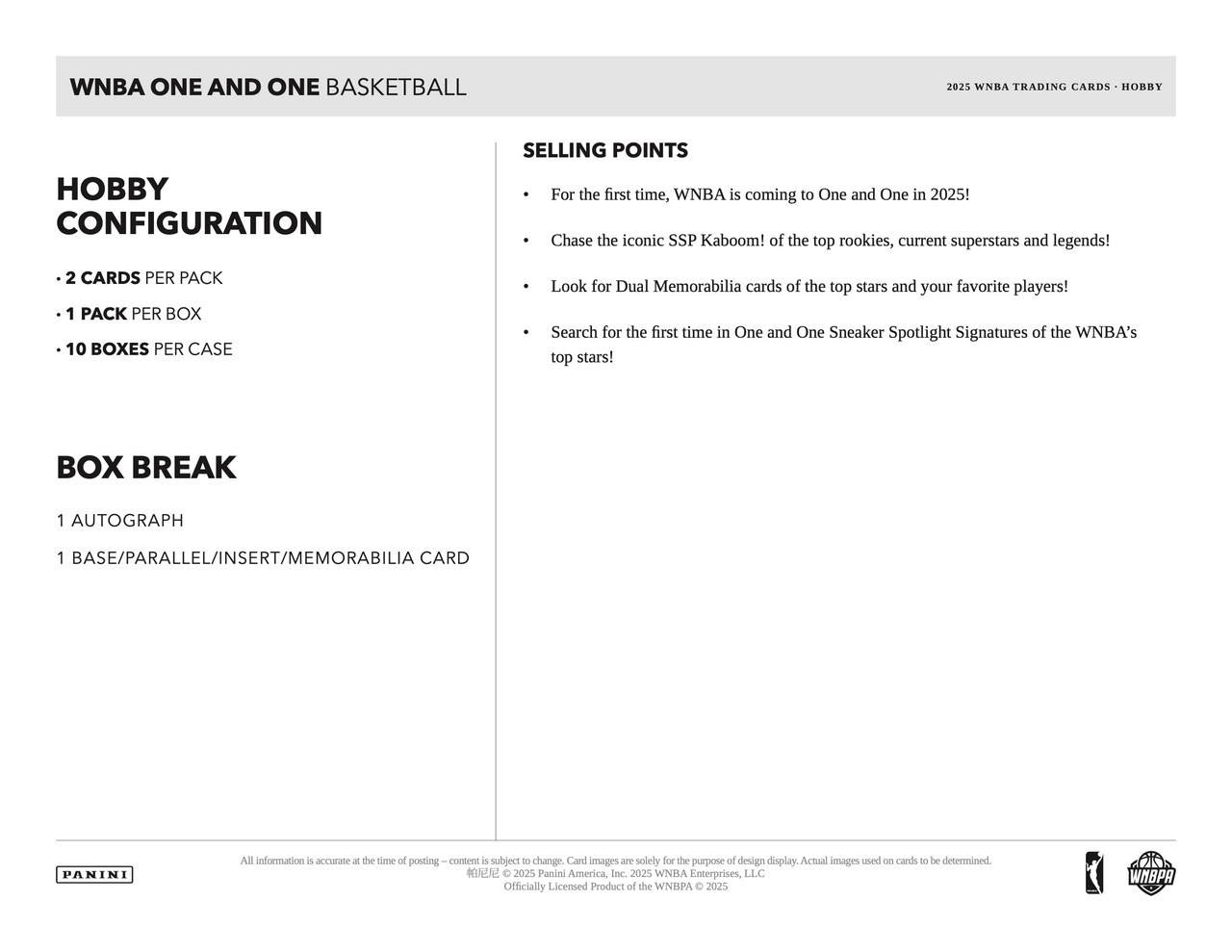 2025 Panini One & One WNBA Basketball Hobby Box